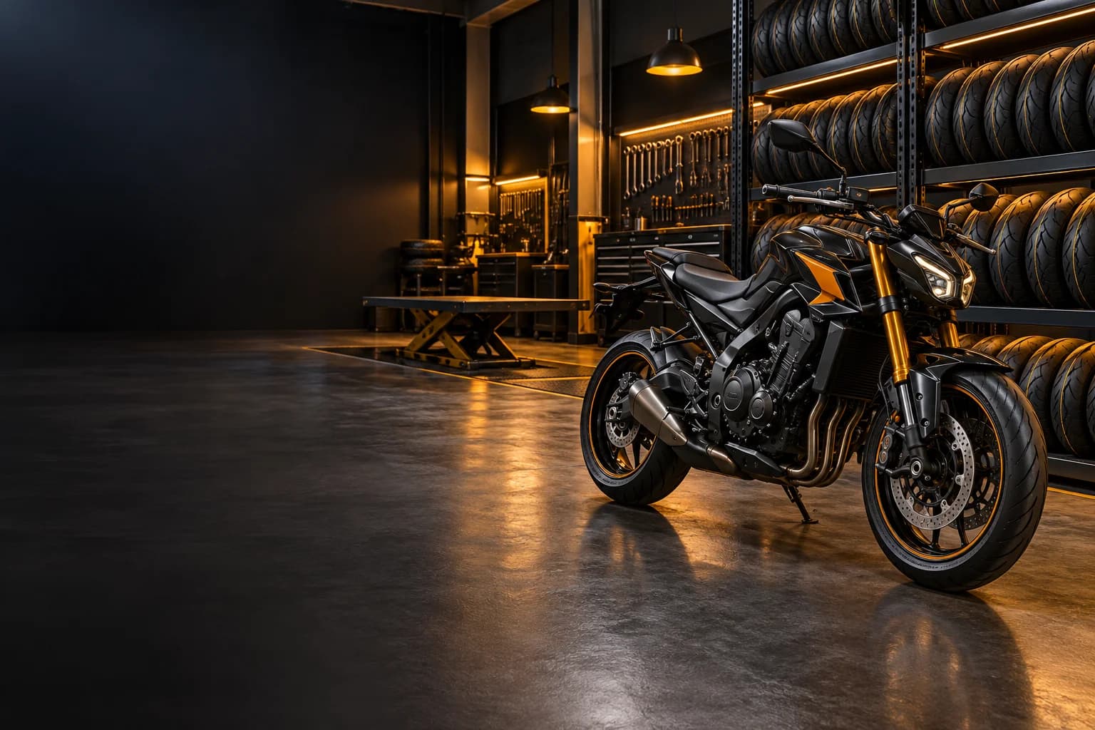 Motocicleta y bodega de llantas para motos